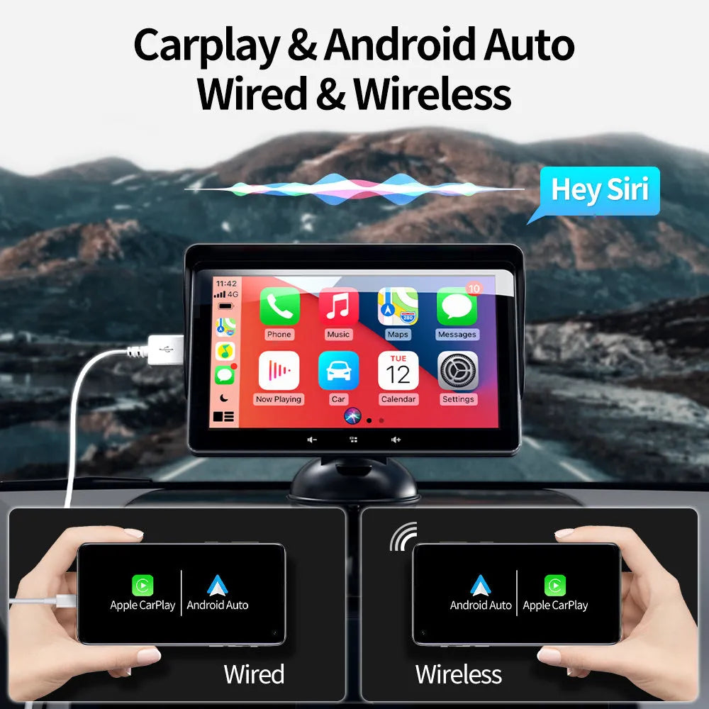 A 7-inch universal wireless CarPlay display with suction cup mount on a car dashboard.