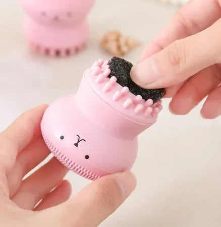 Cartoon octopus silicone wash brush in Blue, Green, Pink, Purple and Rose red for manual facial cleansing and massage.