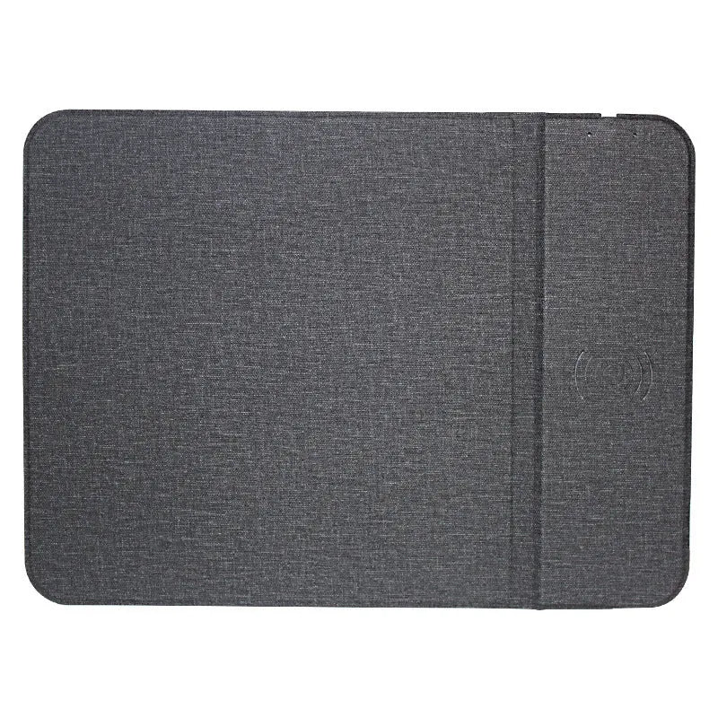 Foldable fabric phone holder stand with integrated wireless charging pad.
