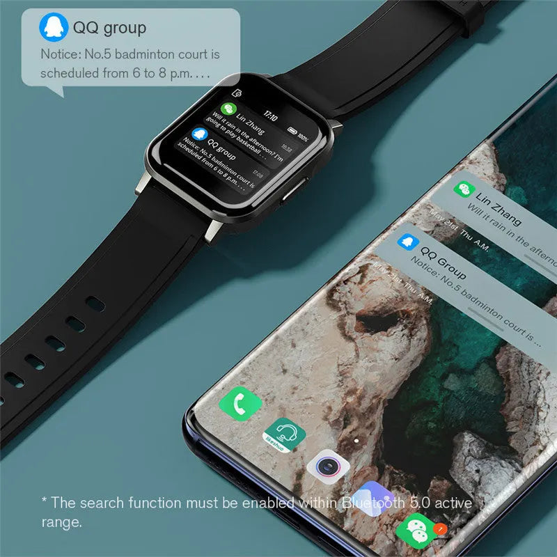 Black waterproof smart bracelet with 1.4-inch screen and silicone strap on a wrist.
