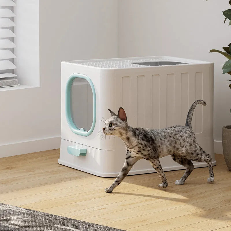 Fully enclosed large PP plastic cat litter box in Gentleman Gray, folding anti-splash design, 51x38x39cm