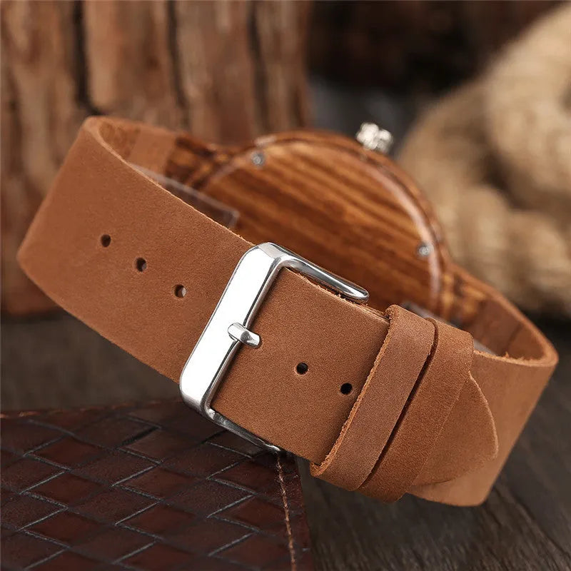 Wood watch with natural wood case, quartz movement, and genuine leather strap, featuring an Earth plate design on the dial.