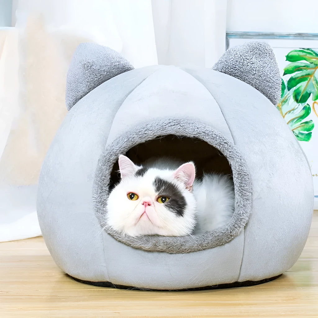 Grey closed cat nest made from Arctic velvet and short plush with removable washable cover