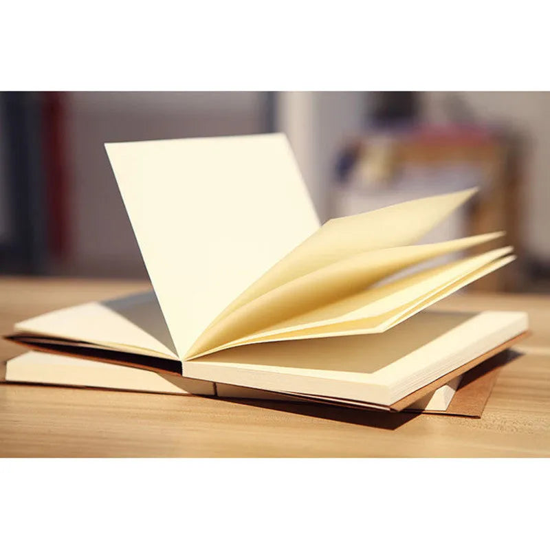 Brown and white kraft paper sketchbooks with lay-flat binding, shown in 16K and 32K sizes.