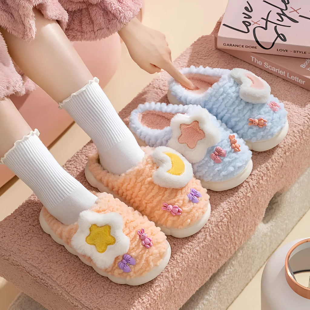 Women's light blue fleece-lined cotton slippers with cartoon animal pattern and toe holder design