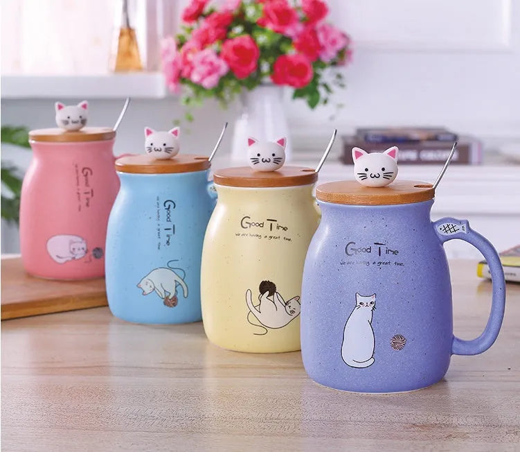 450ml cartoon cat ceramic mug with wooden lid and stainless steel spoon in blue, pink, purple, or yellow