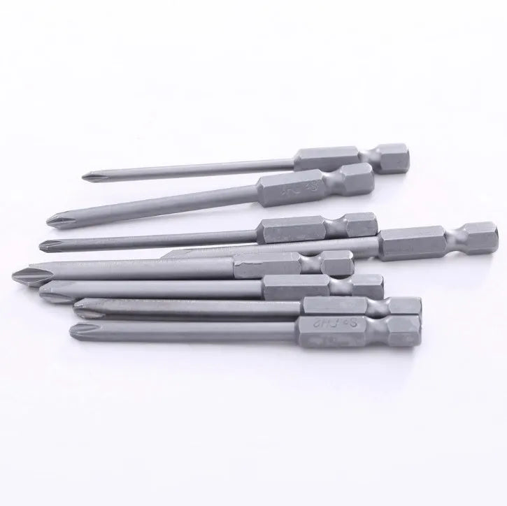 Set of eight long silver magnetic Phillips screwdriver bits with hex shanks on a white background.