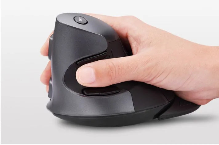 Black M618 wireless vertical ergonomic mouse shown at a 57-degree angle on a wooden desk.