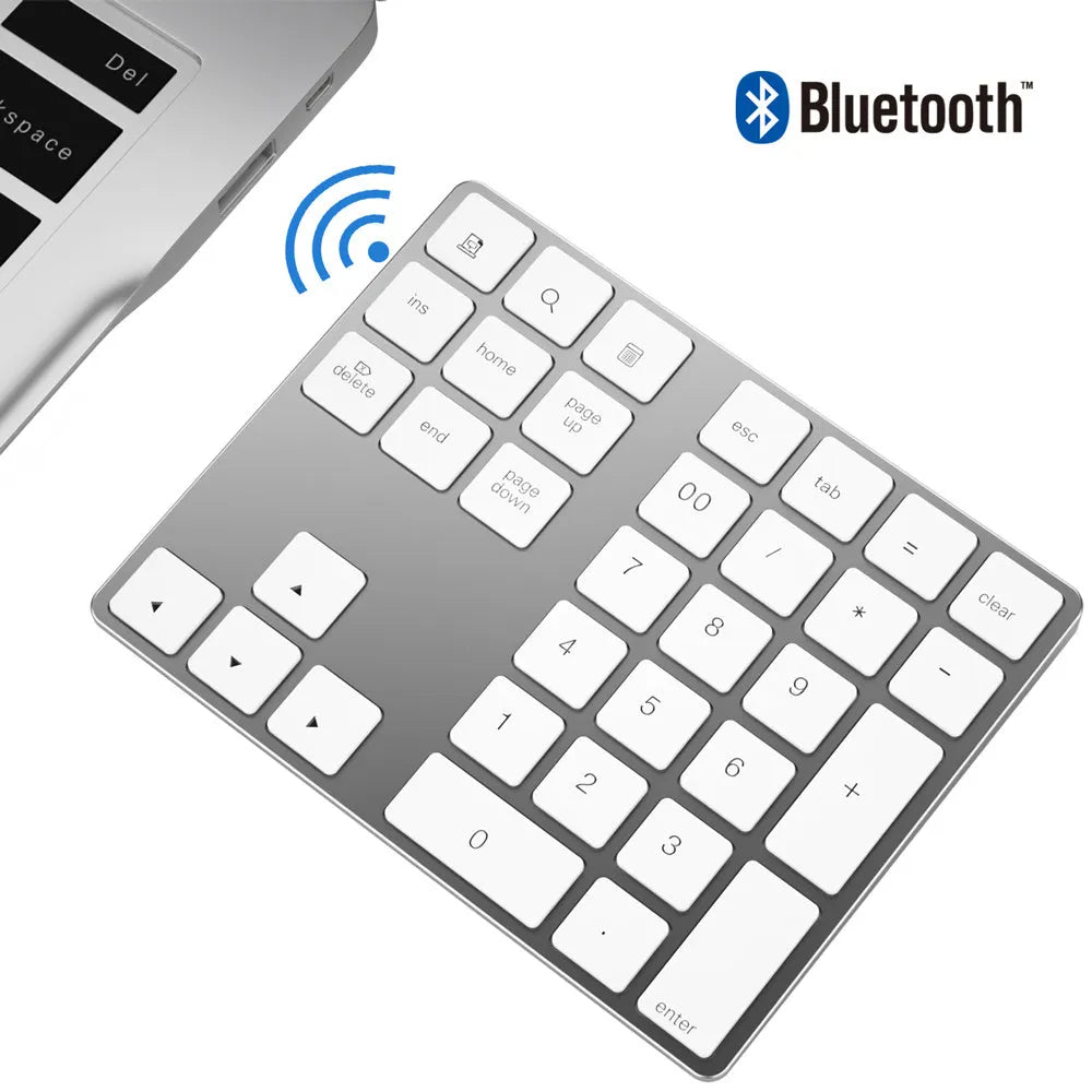 Aluminium 34-key wireless numeric keypad in black or silver with Bluetooth 3.0 for Windows iOS Android