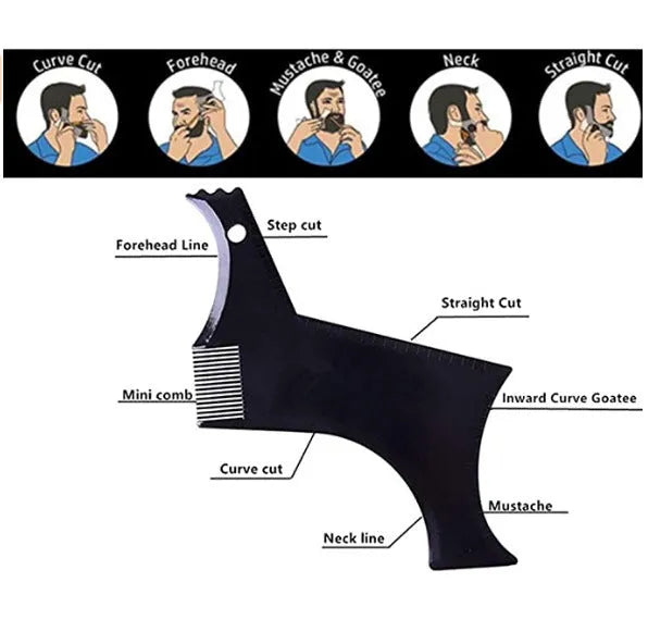 Beard styling comb with ABS plastic handle for symmetric trimming lines, 20.5x10.5x0.35cm, black colour