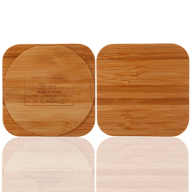 Square wooden bamboo wireless charging pad with brown colour showing dimensions 92mm x 92mm