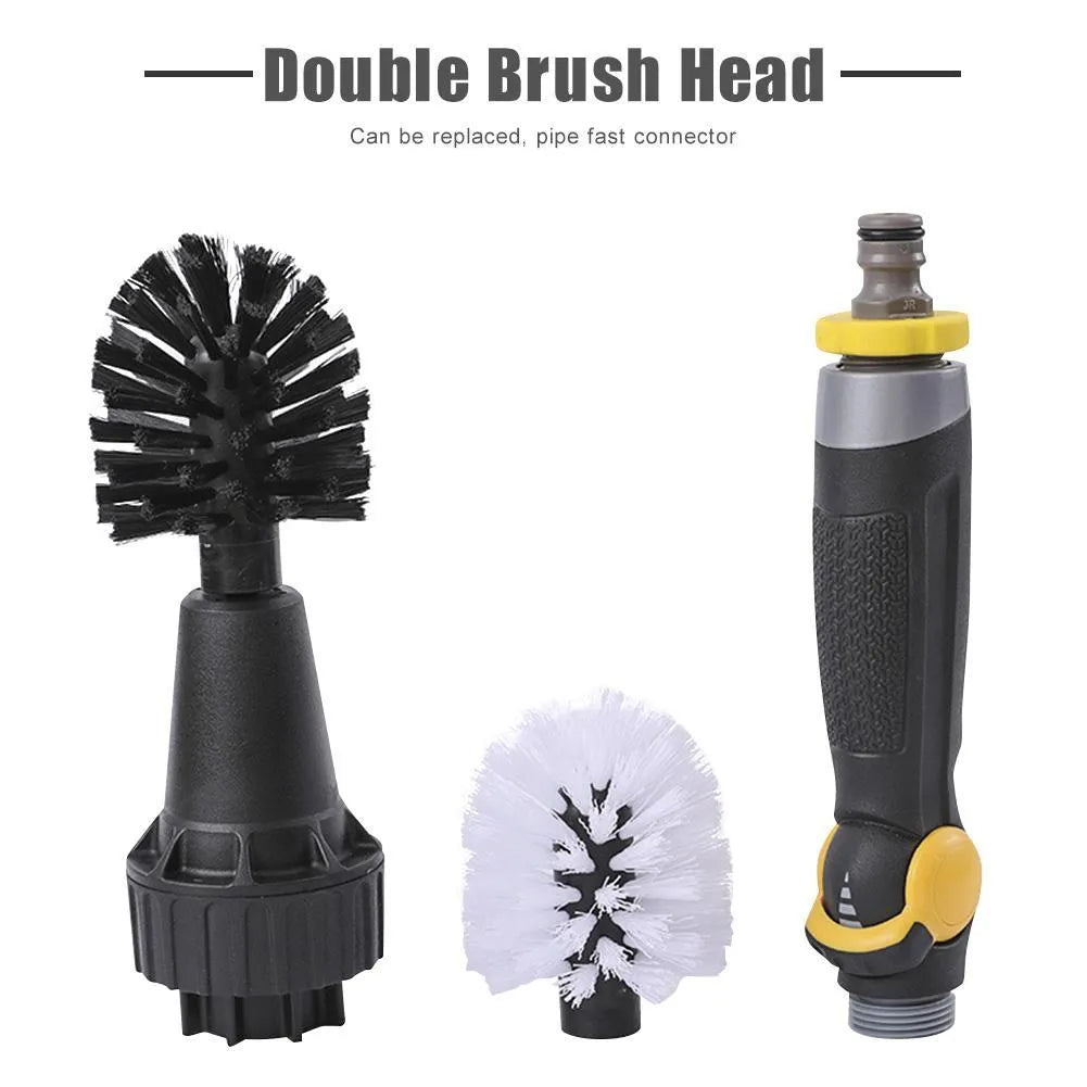 Black water-powered wheel brush 38cm long with soft and rigid brush heads connected to garden hose for tyre cleaning
