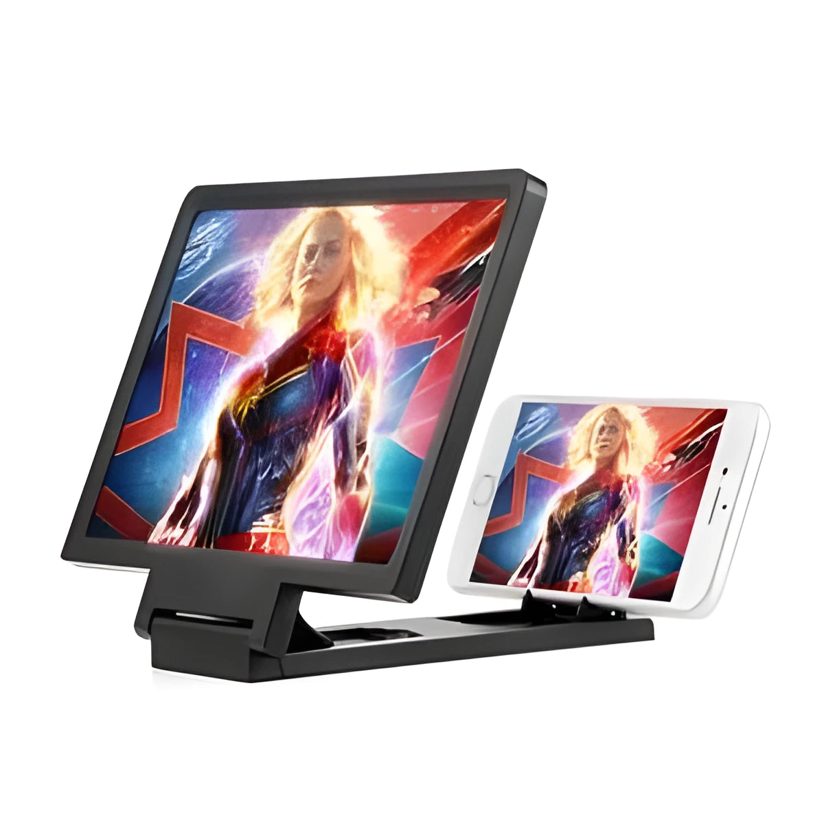 Black and white portable smartphone screen magnifier measuring 18cm by 12cm with protective storage case.