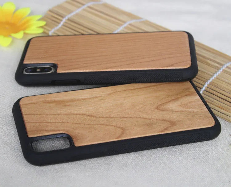 TPU iPhone case with a carbonised bamboo wooden back panel shown in different wood finish colours.
