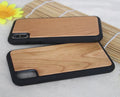 TPU iPhone case with a carbonised bamboo wooden back panel shown in different wood finish colours.