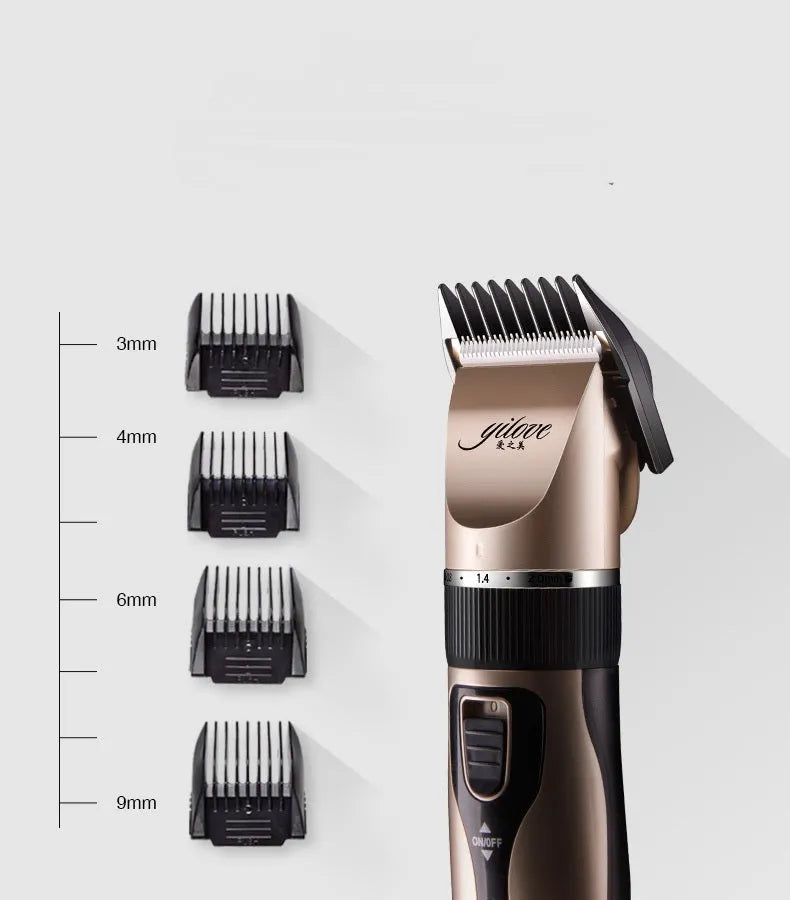 Golden cordless pet grooming clipper, 180mm x 45mm, with ceramic titanium blade, four guide combs and EU plug charger