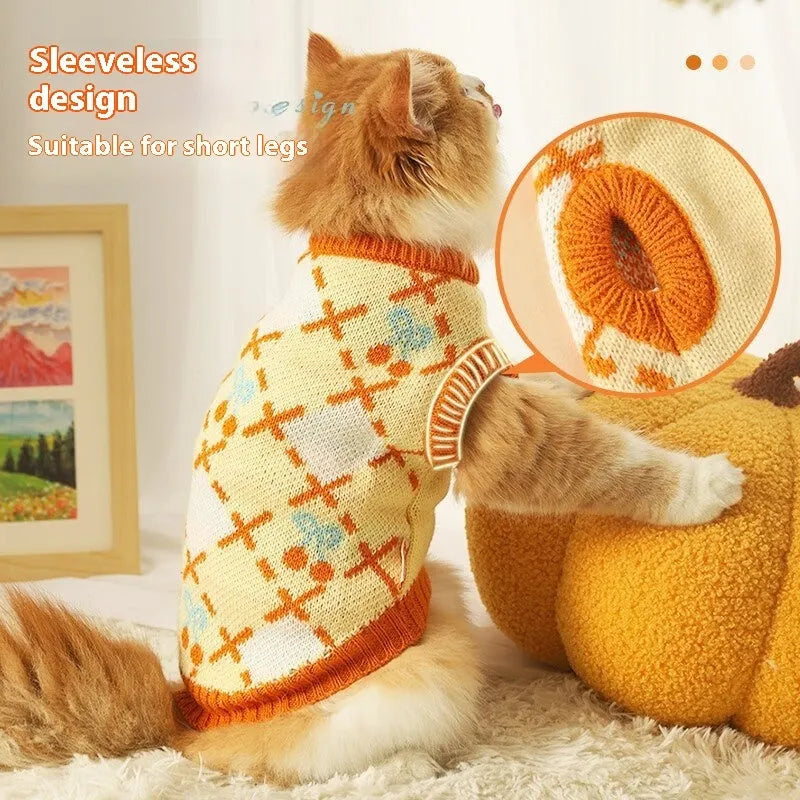 Orange cat sweater with diamond cherry fabric for autumn and winter wear