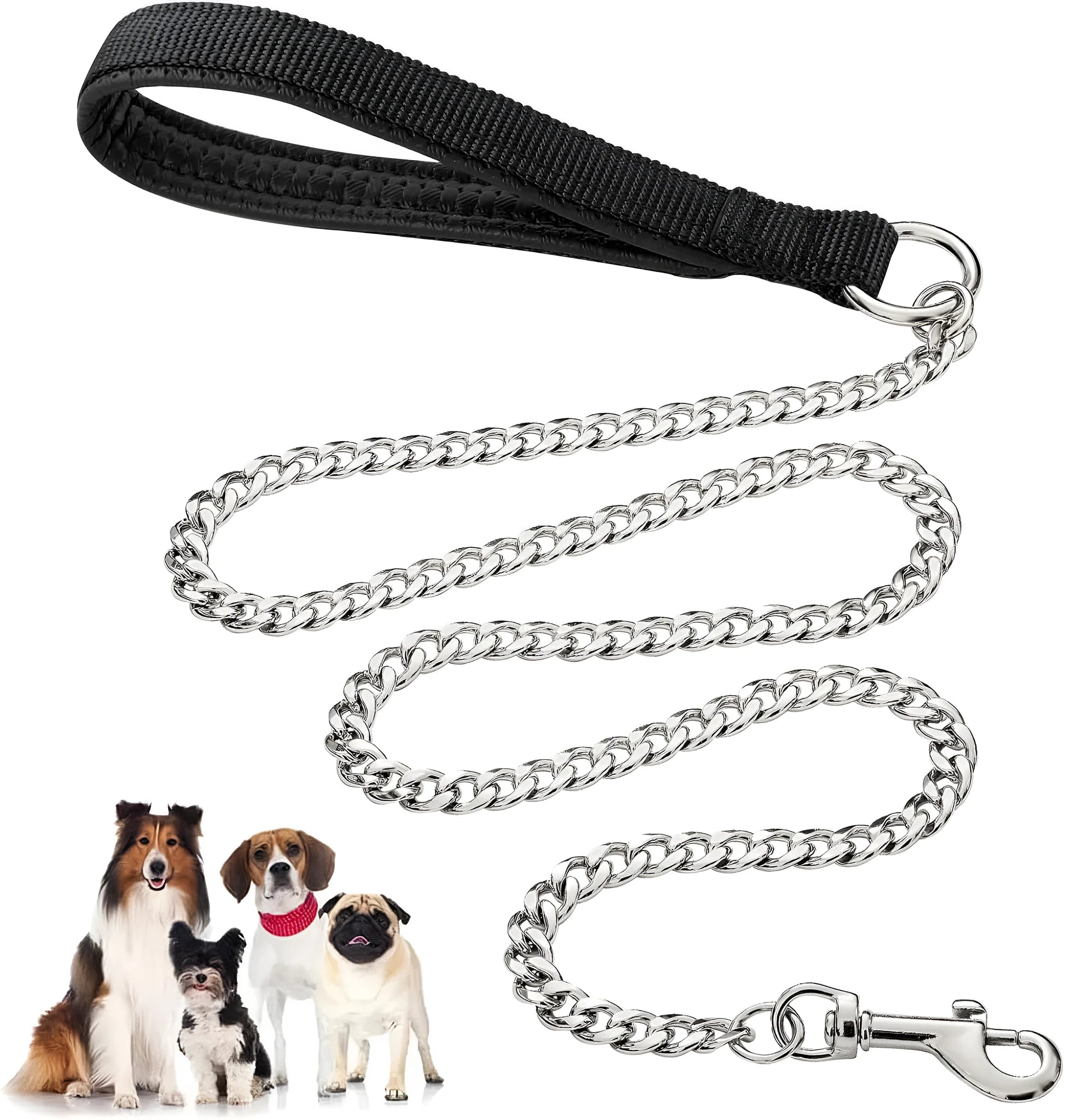 Heavy duty metal dog chain leash with a soft black padded handle, shown with a red colour option.