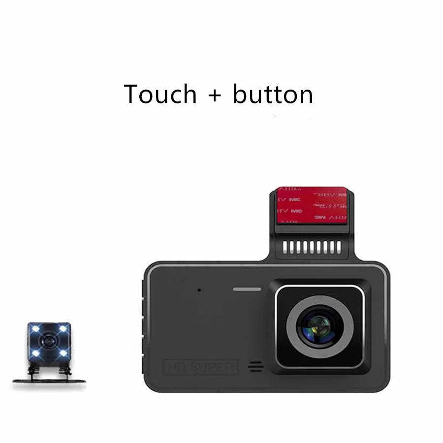 4-inch touch screen dual lens car dashcam with adhesive mount showing front and rear recording capability
