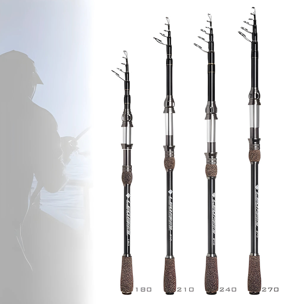 Flame carbon telescopic sea rod in collapsed and extended lengths, with carbon and aluminium alloy construction for shore and boat fishing.