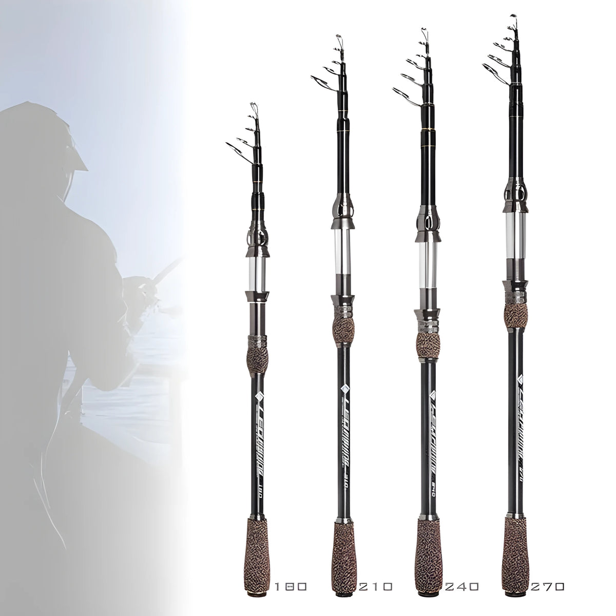 Flame carbon telescopic sea rod in collapsed and extended lengths, with carbon and aluminium alloy construction for shore and boat fishing.