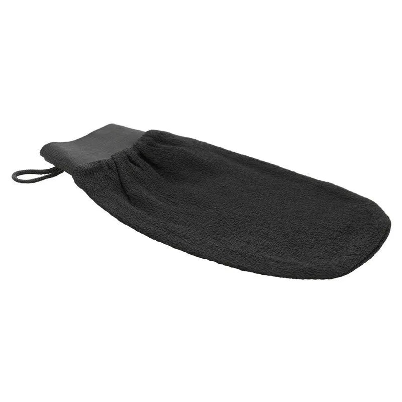 Exfoliating kessa scrub glove made from loofah material, single mitt for shower body exfoliation and self tan preparation