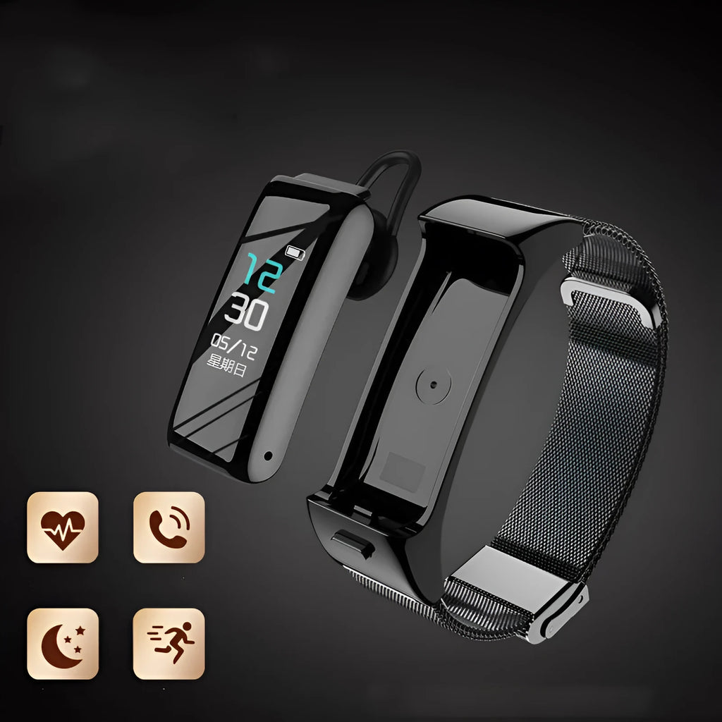 Black multifunctional Bluetooth electronic smartwatch with a touch screen on a leather strap.