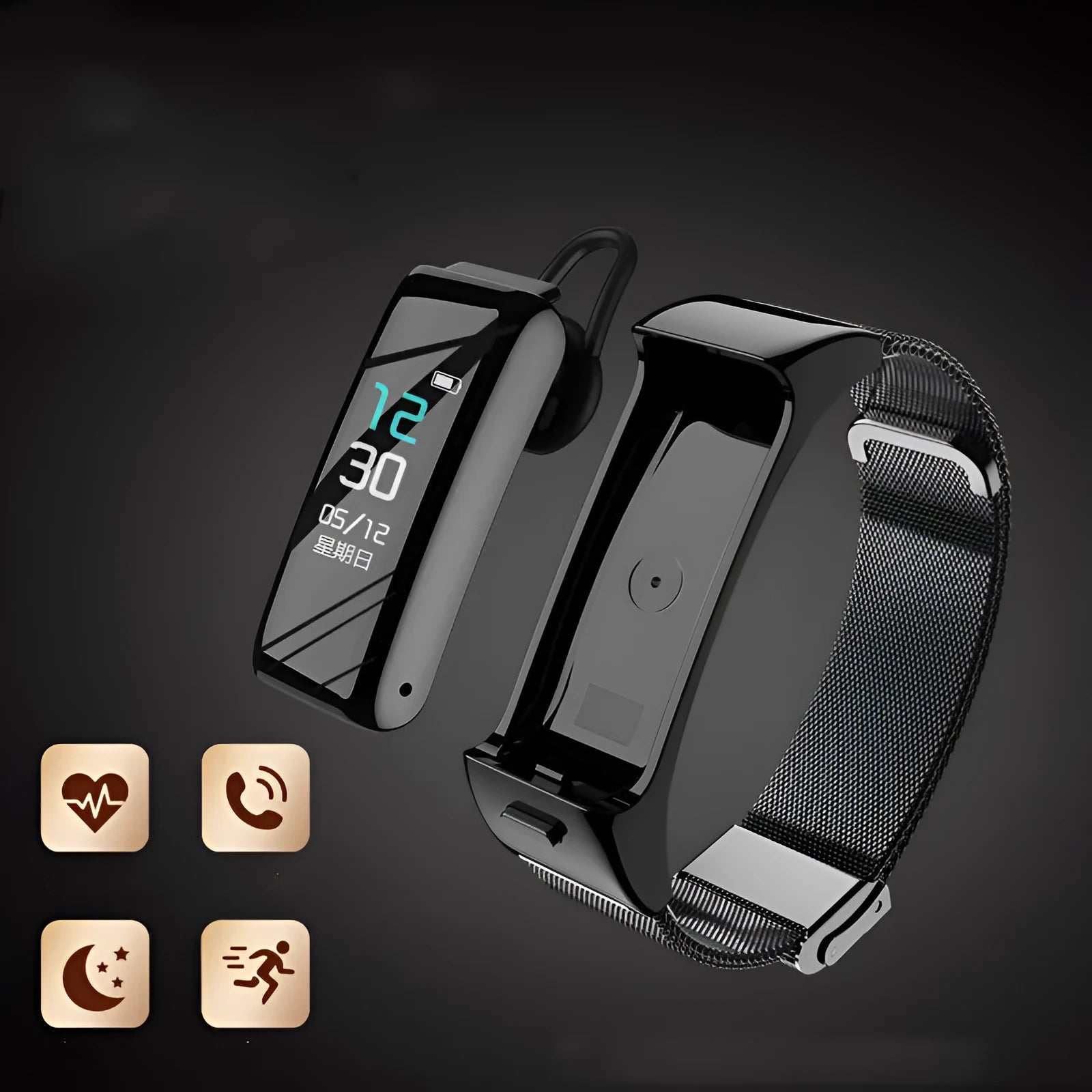 Black multifunctional Bluetooth electronic smartwatch with a touch screen on a leather strap.