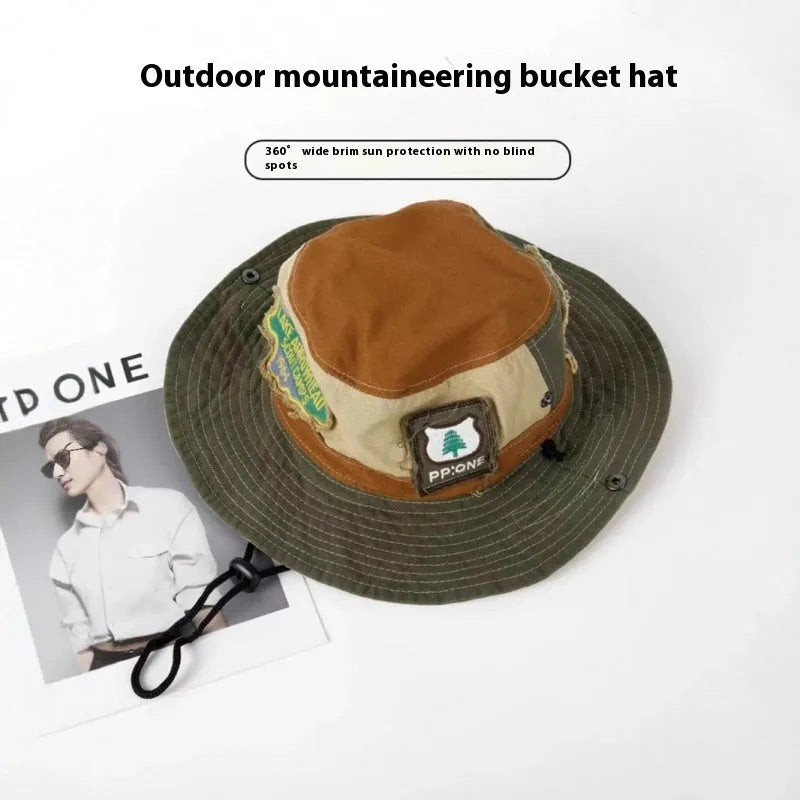 Women's army green cotton fisherman hat with retro patchwork design and flat top crown