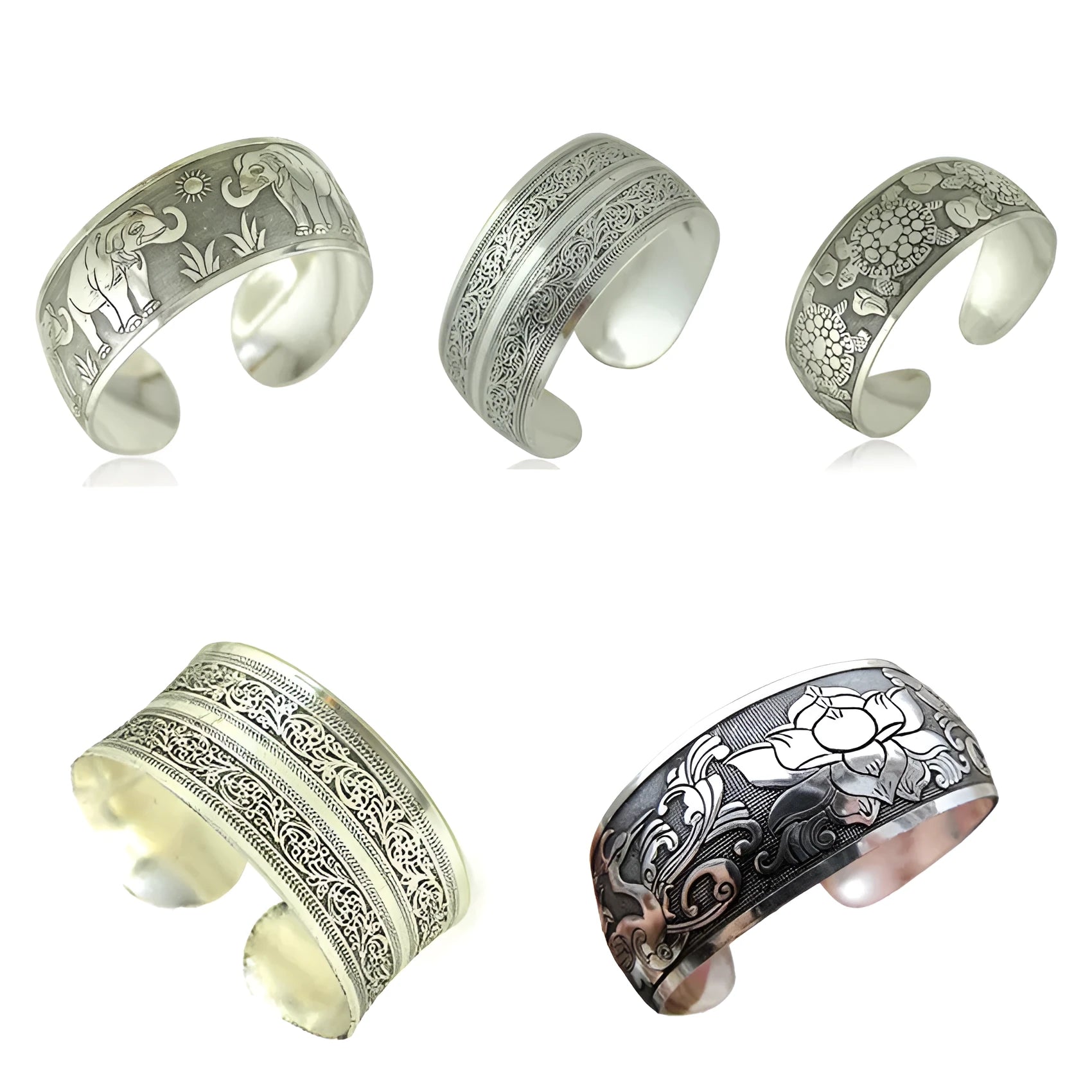 Ethnic carved open Miao silver bracelet with Roman patterns showing elephant and turtle motifs