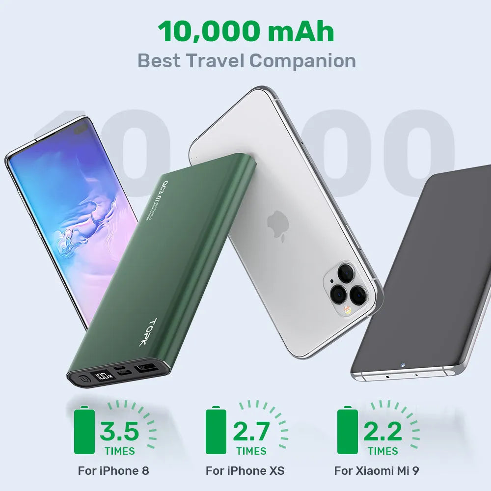 Silver 10,000 mAh fast charging power bank with digital display and metal shell on white background
