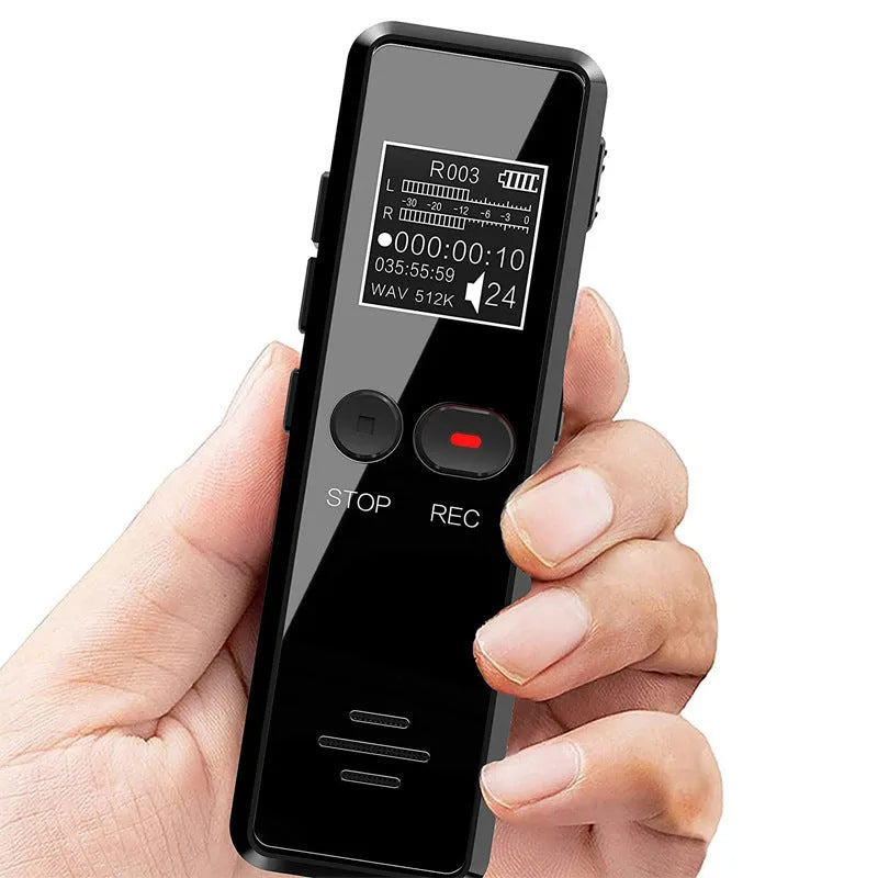 Black USB flash drive MP3 voice recorder with zinc alloy shell showing LCD display and controls