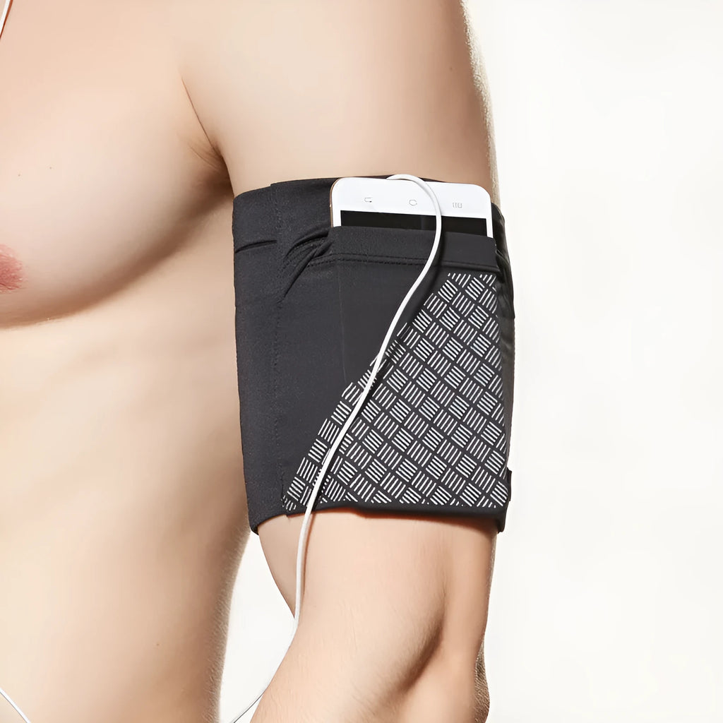 Mobile phone arm pocket in black with plain pattern on a white background, showing armband and pocket for phones under 6.5 inches