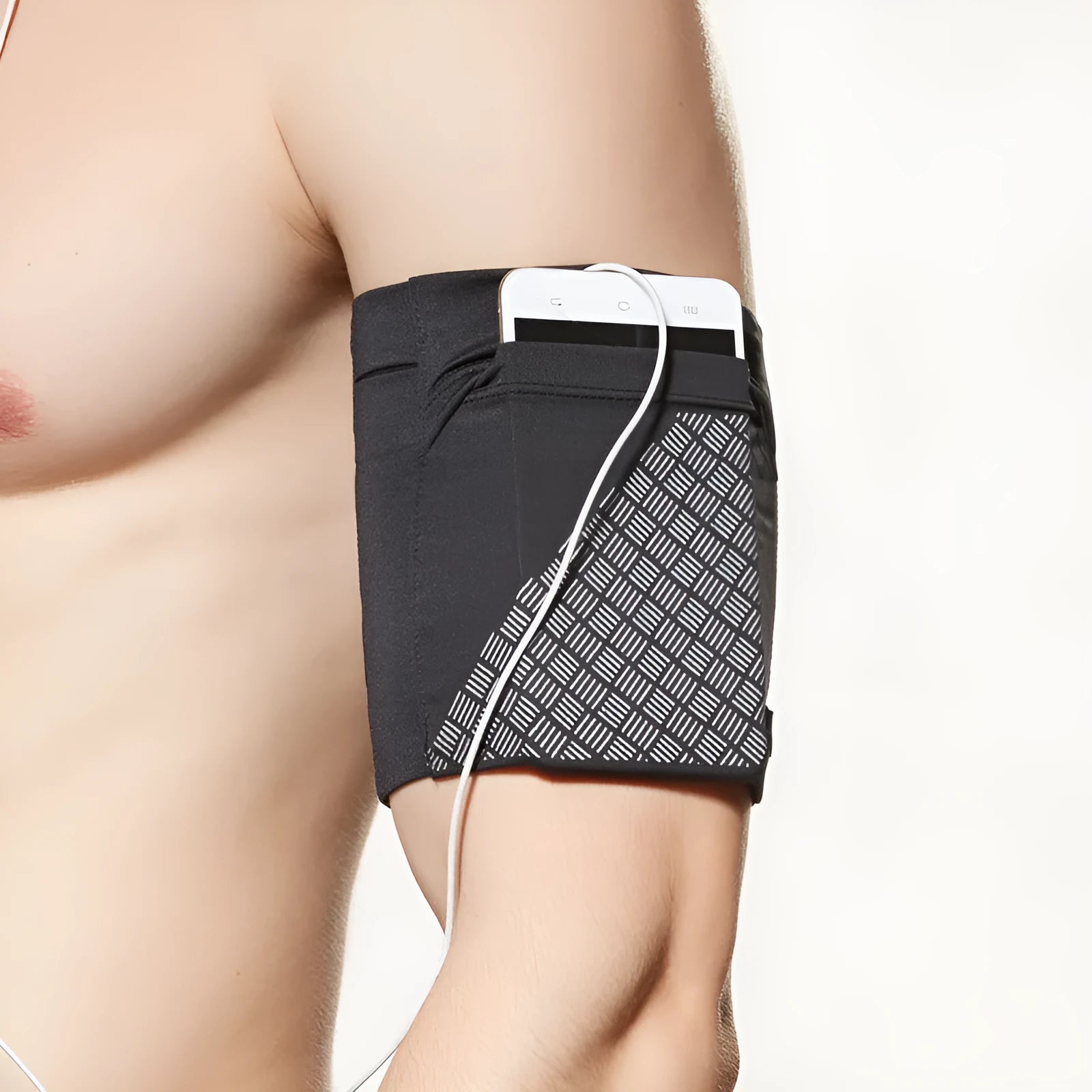 Mobile phone arm pocket in black with plain pattern on a white background, showing armband and pocket for phones under 6.5 inches
