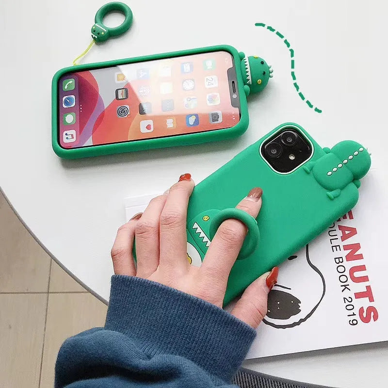 Green silicone iPhone case with cartoon animal design showing back and side protection
