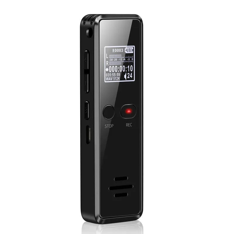 Black USB flash drive MP3 voice recorder with zinc alloy shell showing LCD display and controls