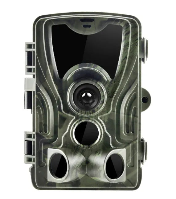 Green cellular trail hunting camera with belt mount showing 16MP sensor and IP65 waterproof rating
