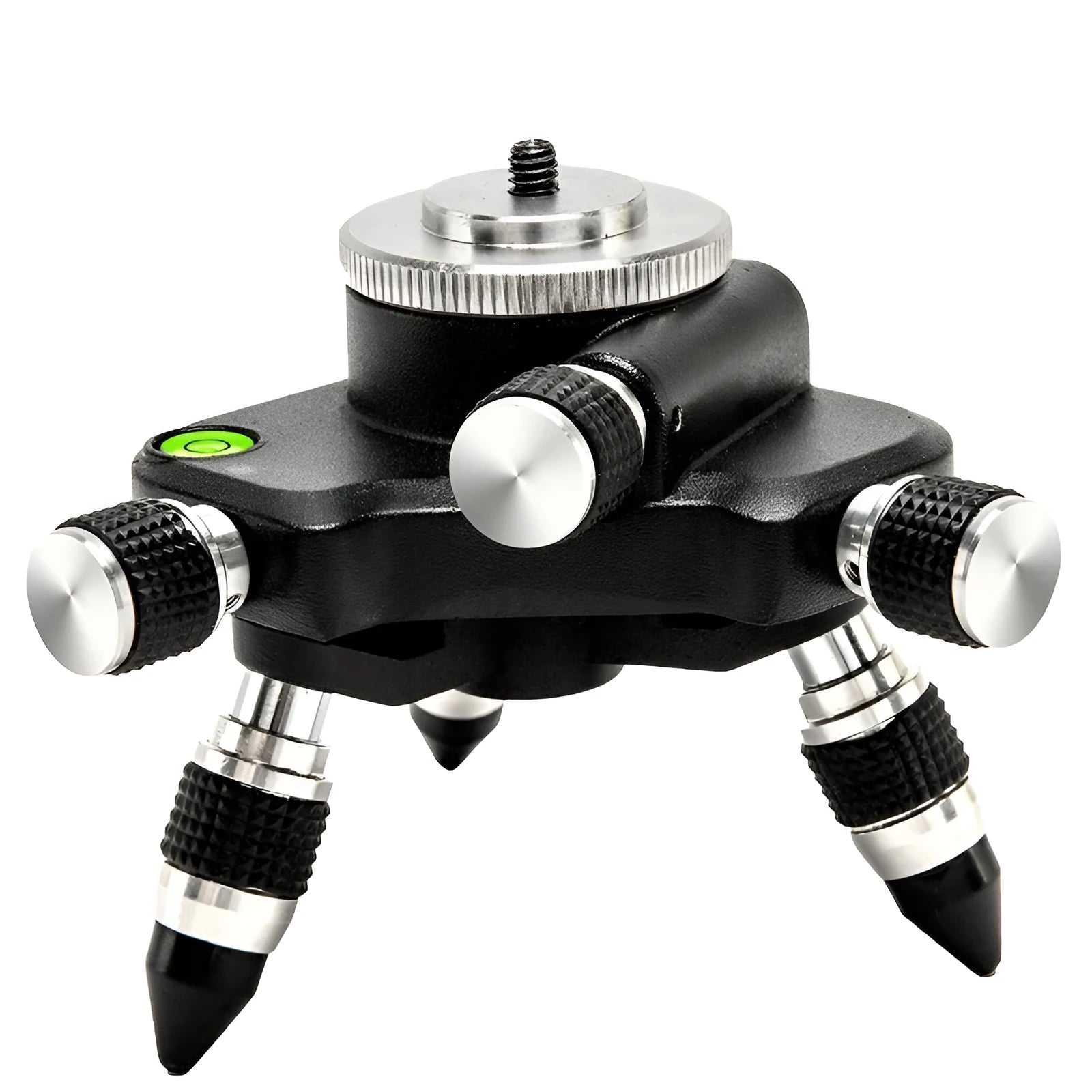 Black aluminium spirit level base with 360-degree rotation measuring 15cm by 12cm