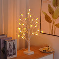 60cm tall white birch tree LED lamp with small red detachable mushroom flowers on a table.