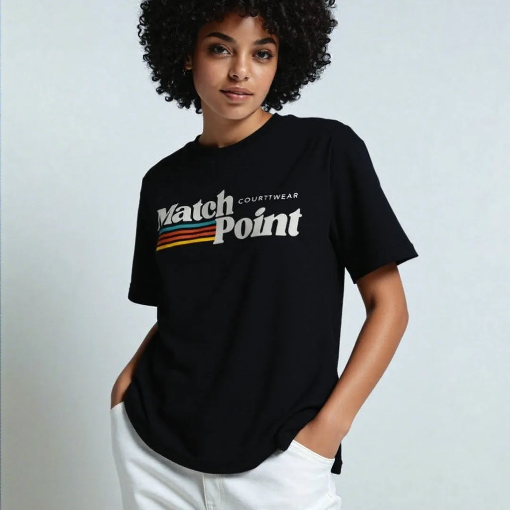 Black men's t-shirt with a white 3D digital printed text pattern on the front, showing a round neck and short sleeves.