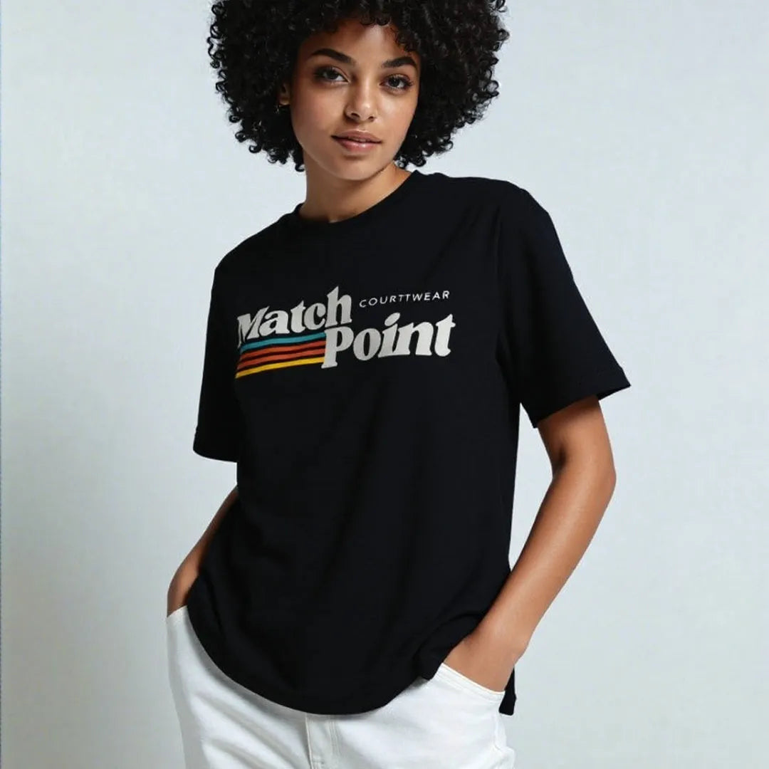 Black men's t-shirt with a white 3D digital printed text pattern on the front, showing a round neck and short sleeves.