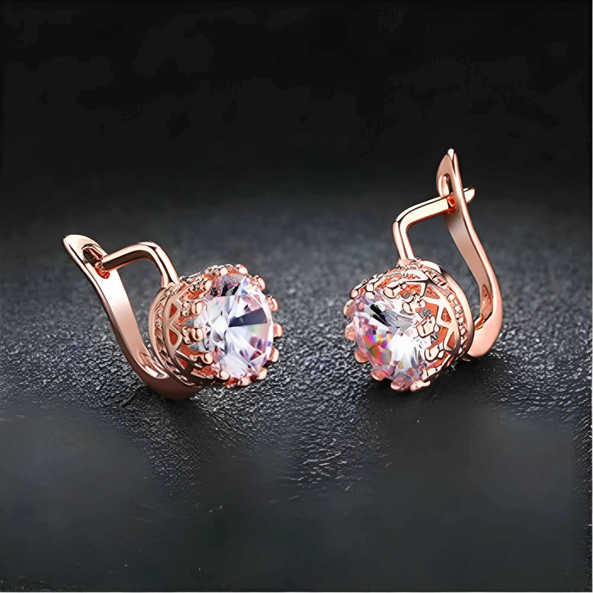Korean retro crown design ear clip earrings in rose gold or white gold finish with white diamond accents.