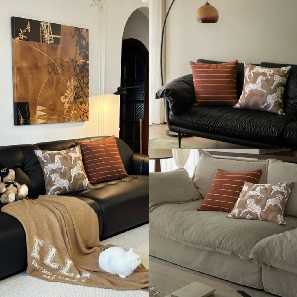 Chinese Ancient Style square pillow cushion on a sofa in a Maillard colour pattern.