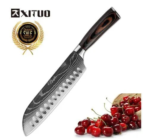7Cr17 stainless steel kitchen knife with laser Damascus pattern on blade and colour steel handle.