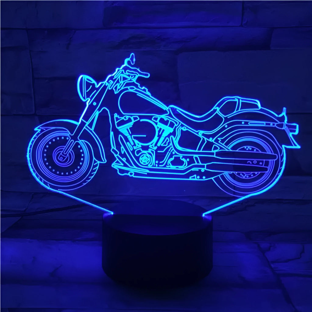 Motorcycle 3D night light showing acrylic silhouette and black ABS base with USB cable