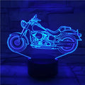 Motorcycle 3D night light showing acrylic silhouette and black ABS base with USB cable