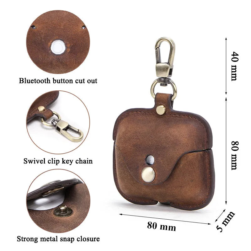 Brown genuine leather AirPods Pro case with vintage clamshell design and crazy horse pattern texture