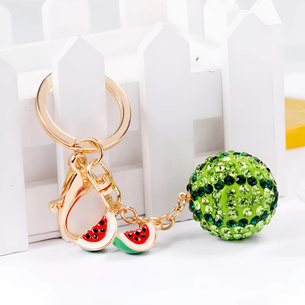 Green zinc alloy watermelon-shaped keychain charm on a metal ring.