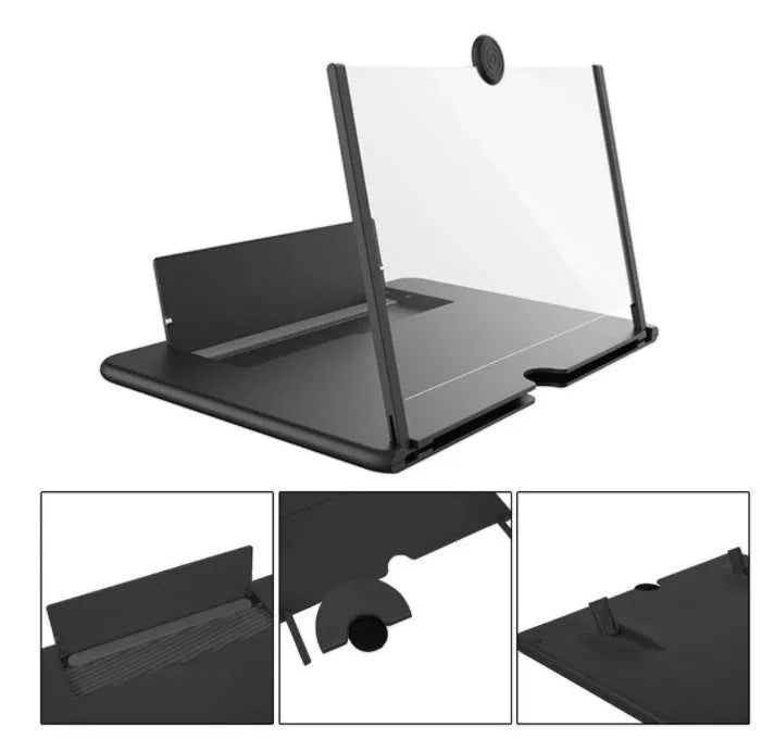 Folding mobile phone screen amplifier in black, with phone inserted, showing 3-4x magnification on a desk