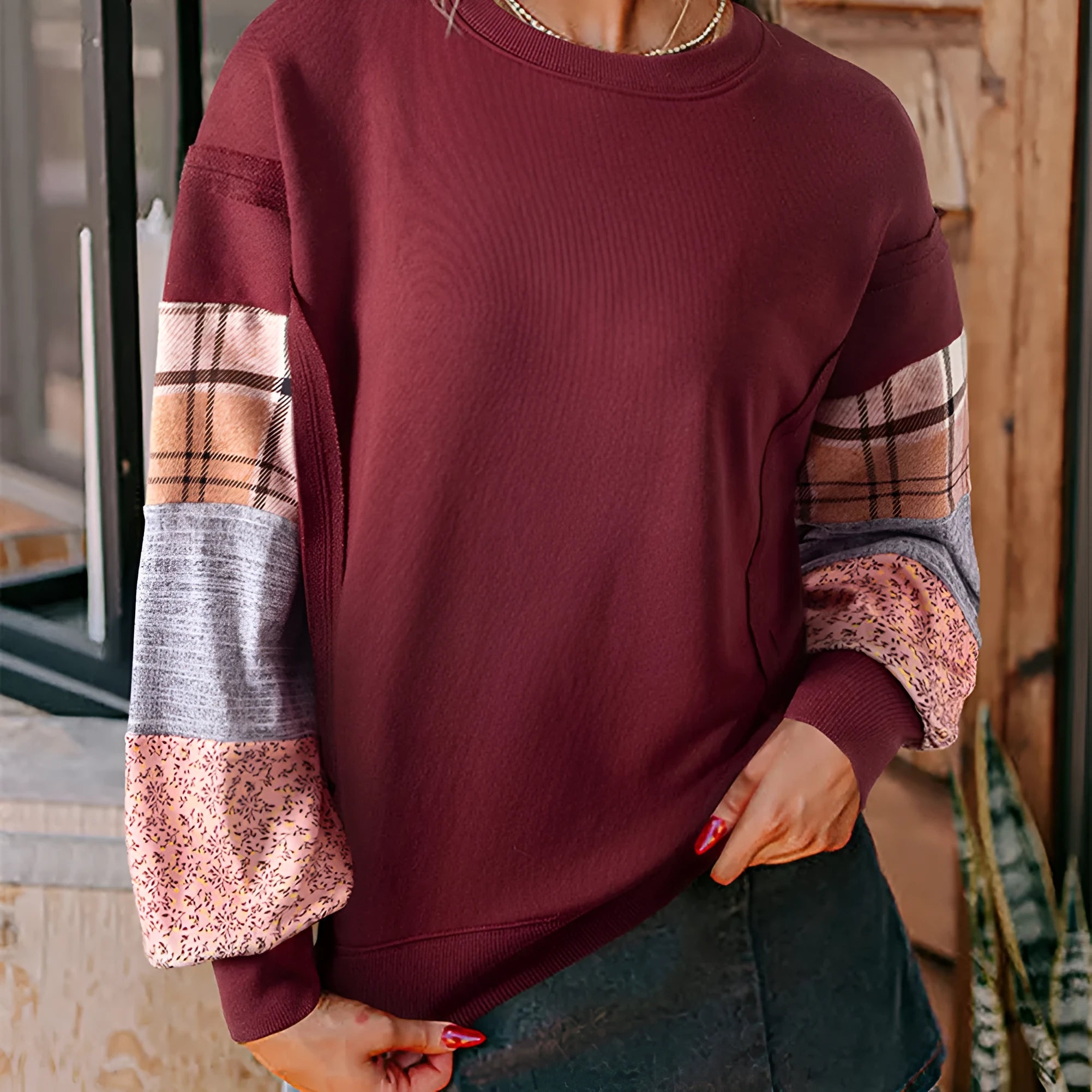 Women's casual loose top with striped plaid pattern, long sleeves, and Japanese Korean styling in beige colour